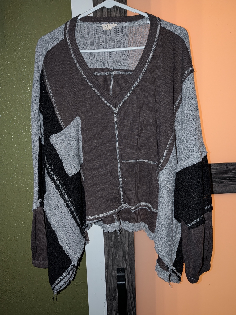 POL Patchwork V-Neck Sweater in Gray and Black